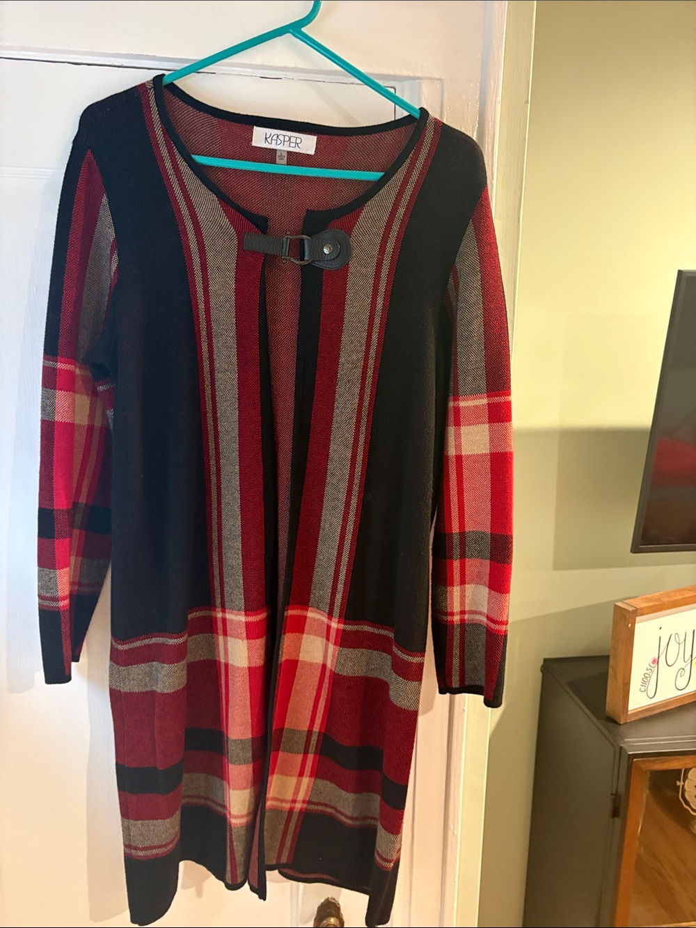 Kasper Black and Red Plaid Long Sleeve Cardigan Dress